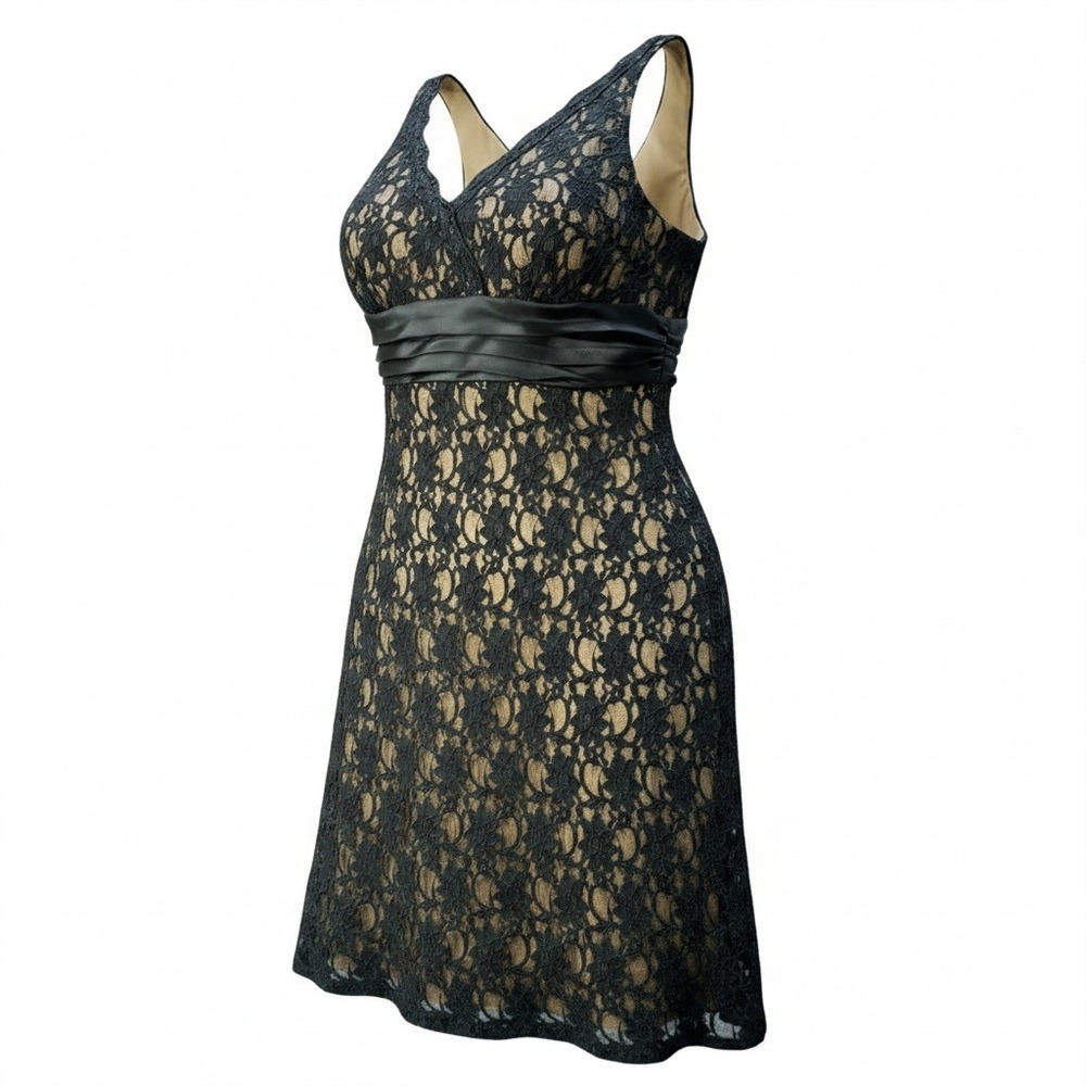 SL Fashions Lace Cocktail Dress Womens 14 Black Tan Satin Waist Evening Elegant
